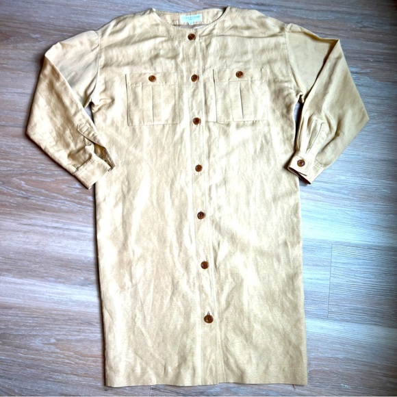 Vintage Evan-Picone Tan Linen Button Front Dress Size 8 - Picture 1 of 5